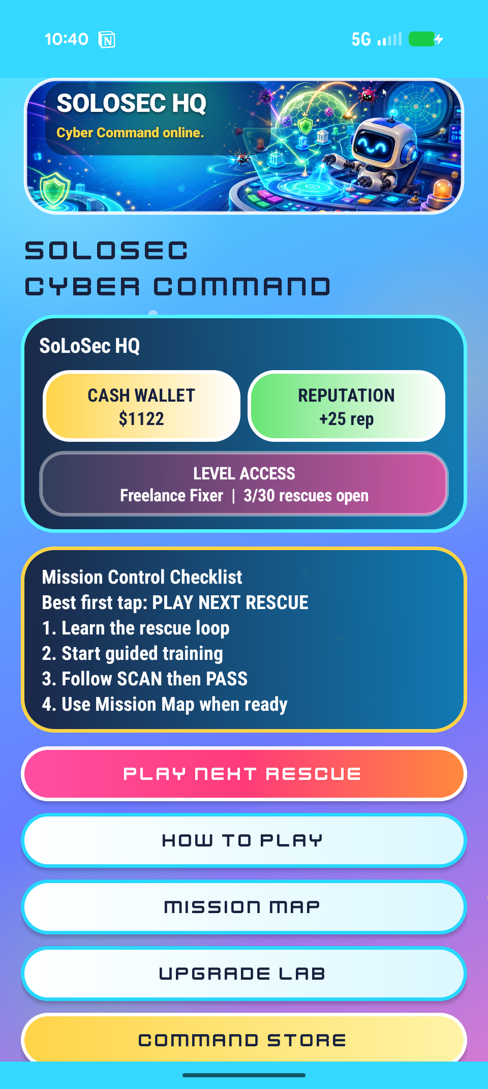 SoLoSec dashboard with cyber rescue command cards