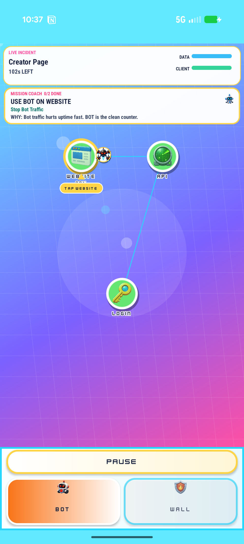 SoLoSec gameplay showing a bot traffic mission coach instruction