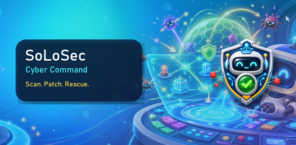SoLoSec Cyber Command feature art with robot shield and cyber map